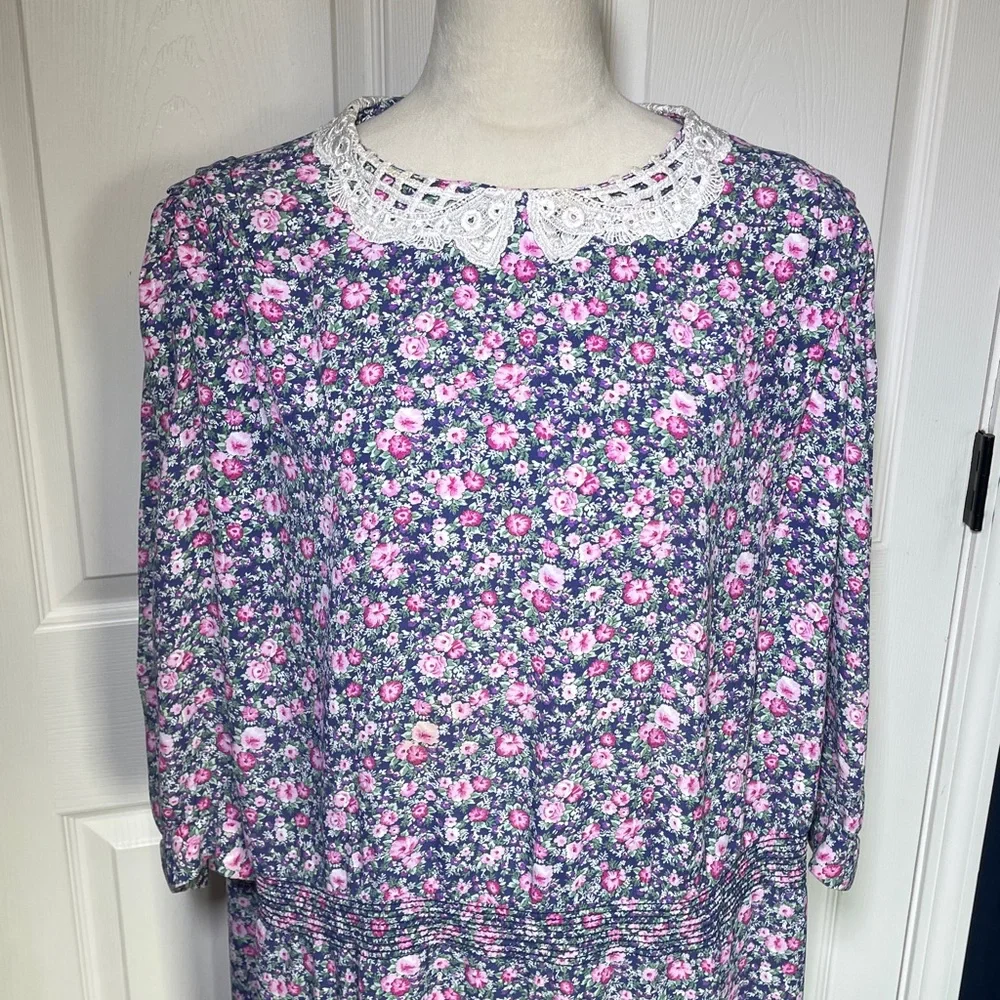 Vintage KSL Floral Midi Dress Crochet Collar Pink & Blue 3/4 Sleeve Size 20 - Picture 2 of 13
